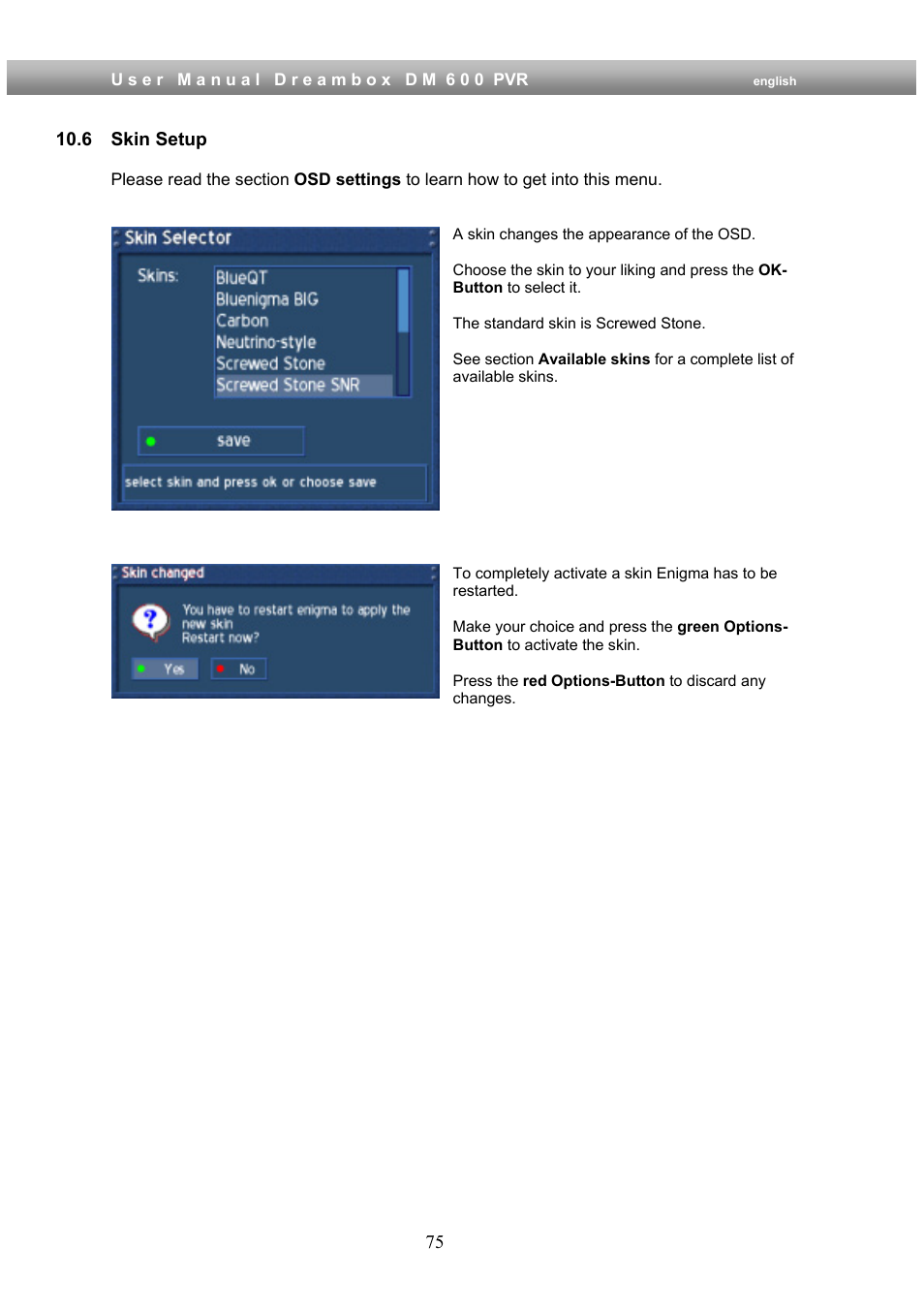 6 skin setup | Dream Property DM600 PVR User Manual | Page 75 / 134