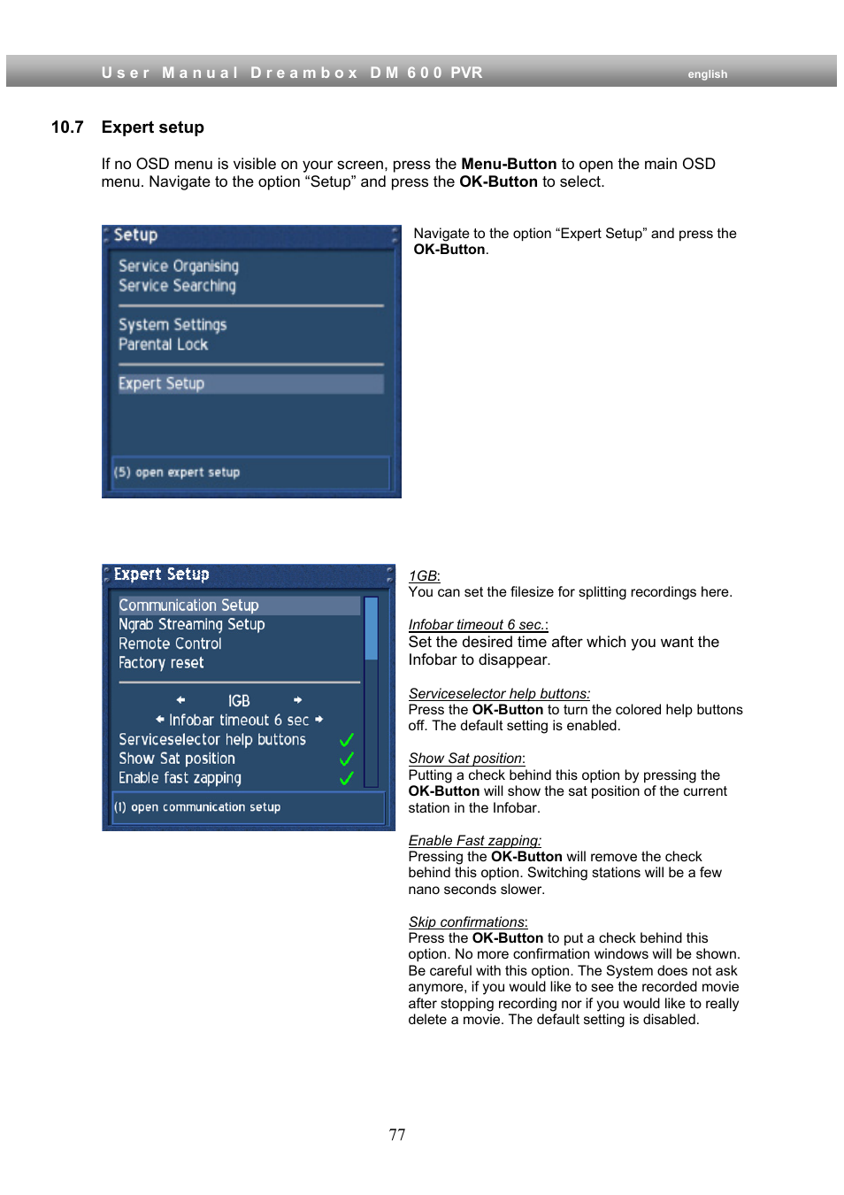 7 expert setup | Dream Property DM600 PVR User Manual | Page 77 / 134