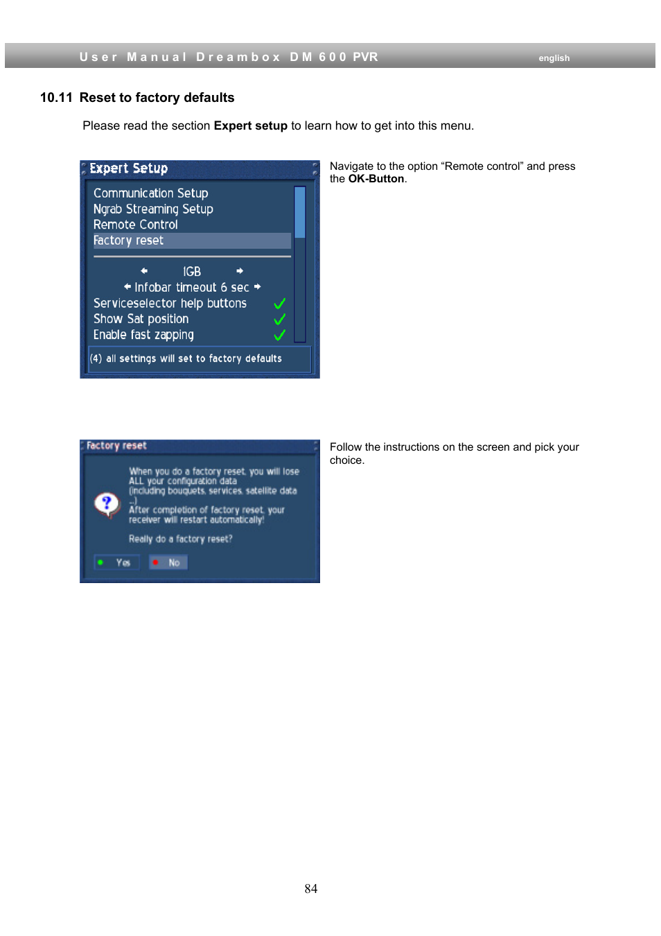 11 reset to factory defaults | Dream Property DM600 PVR User Manual | Page 84 / 134