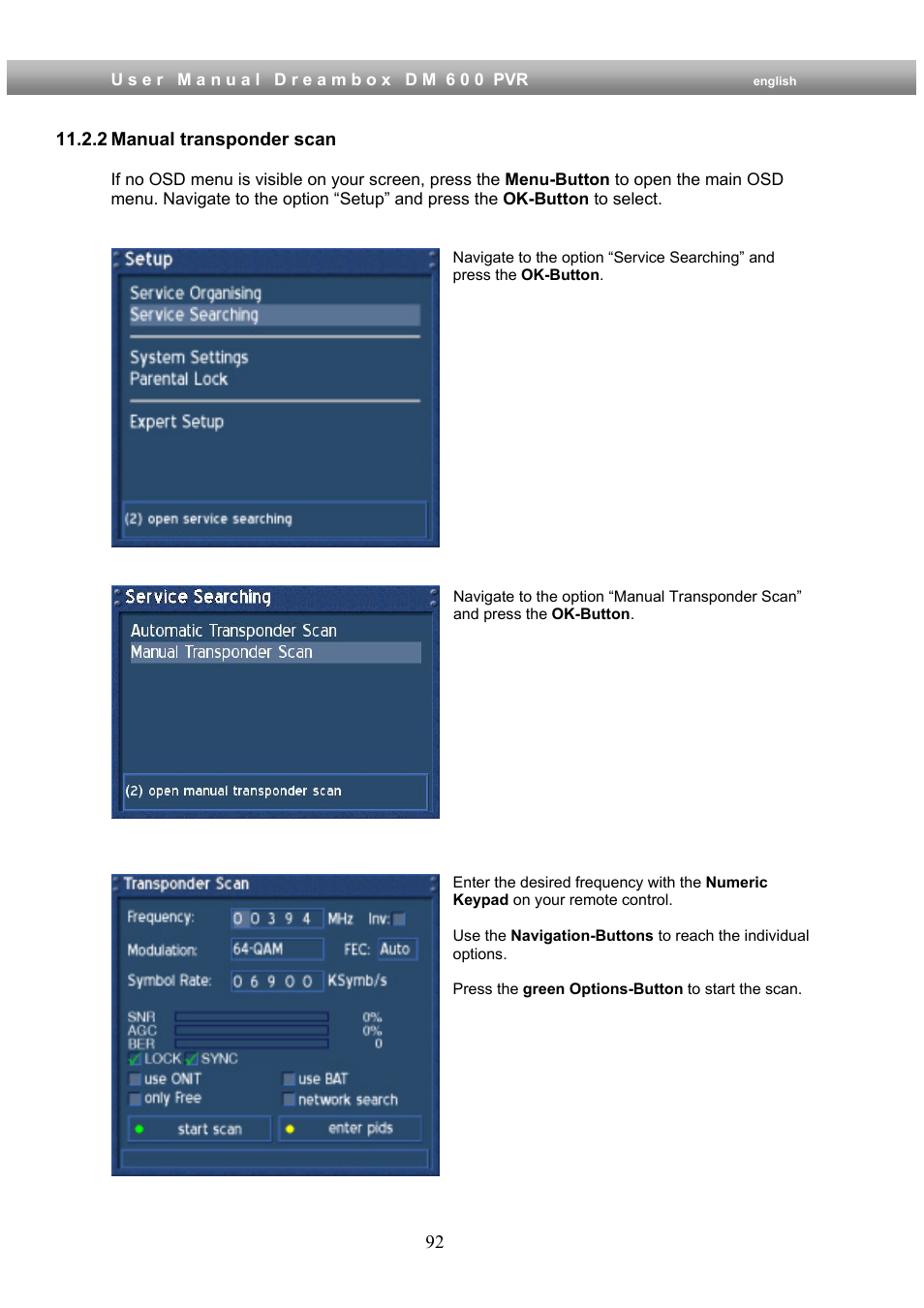 2 manual transponder scan | Dream Property DM600 PVR User Manual | Page 92 / 134