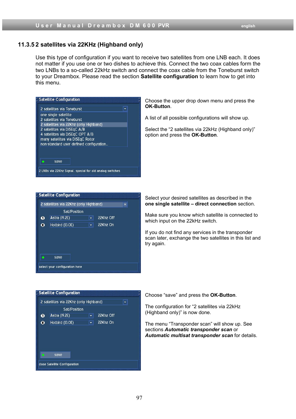 5 2 satellites via 22khz (highband only) | Dream Property DM600 PVR User Manual | Page 97 / 134