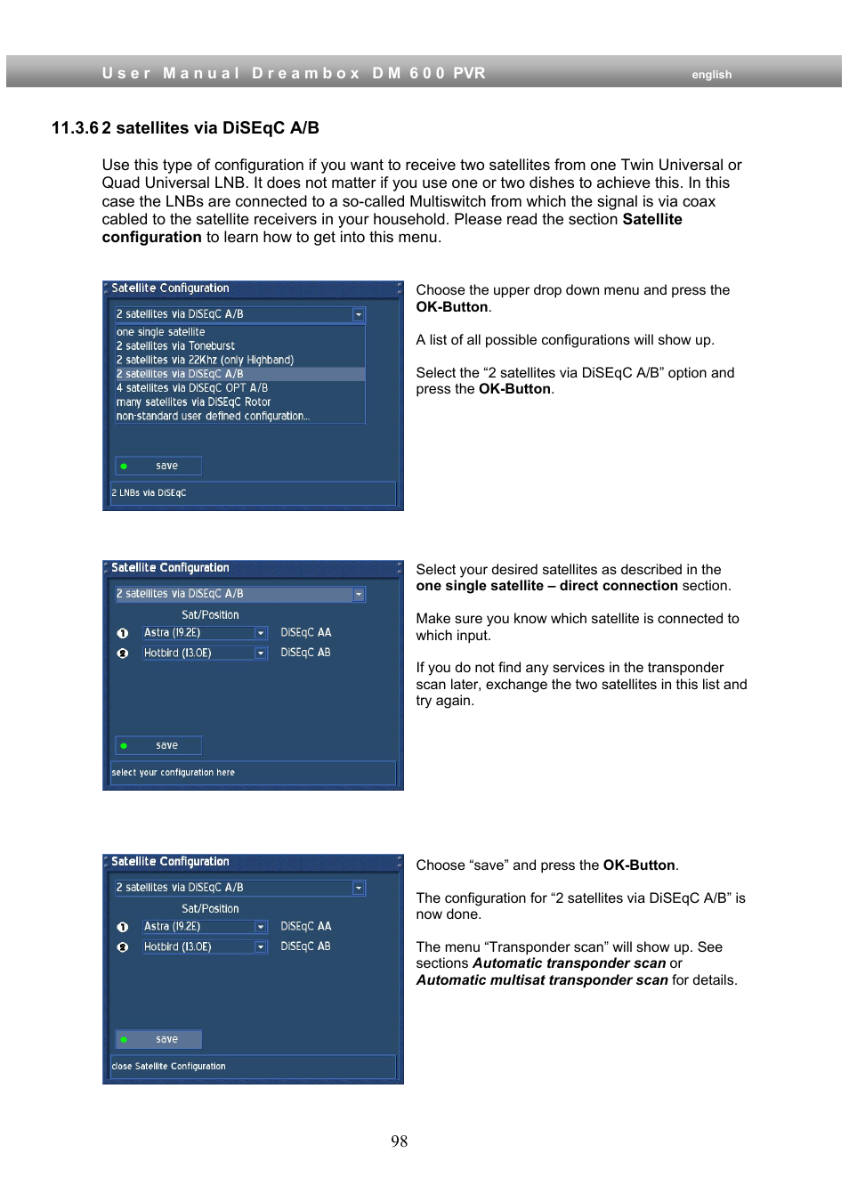 6 2 satellites via diseqc a/b | Dream Property DM600 PVR User Manual | Page 98 / 134