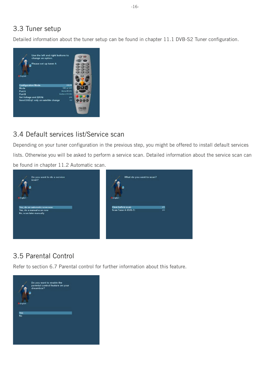 3 tuner setup, 4 default services list/service scan, 5 parental control | Dream Property DM500 HD User Manual | Page 16 / 71