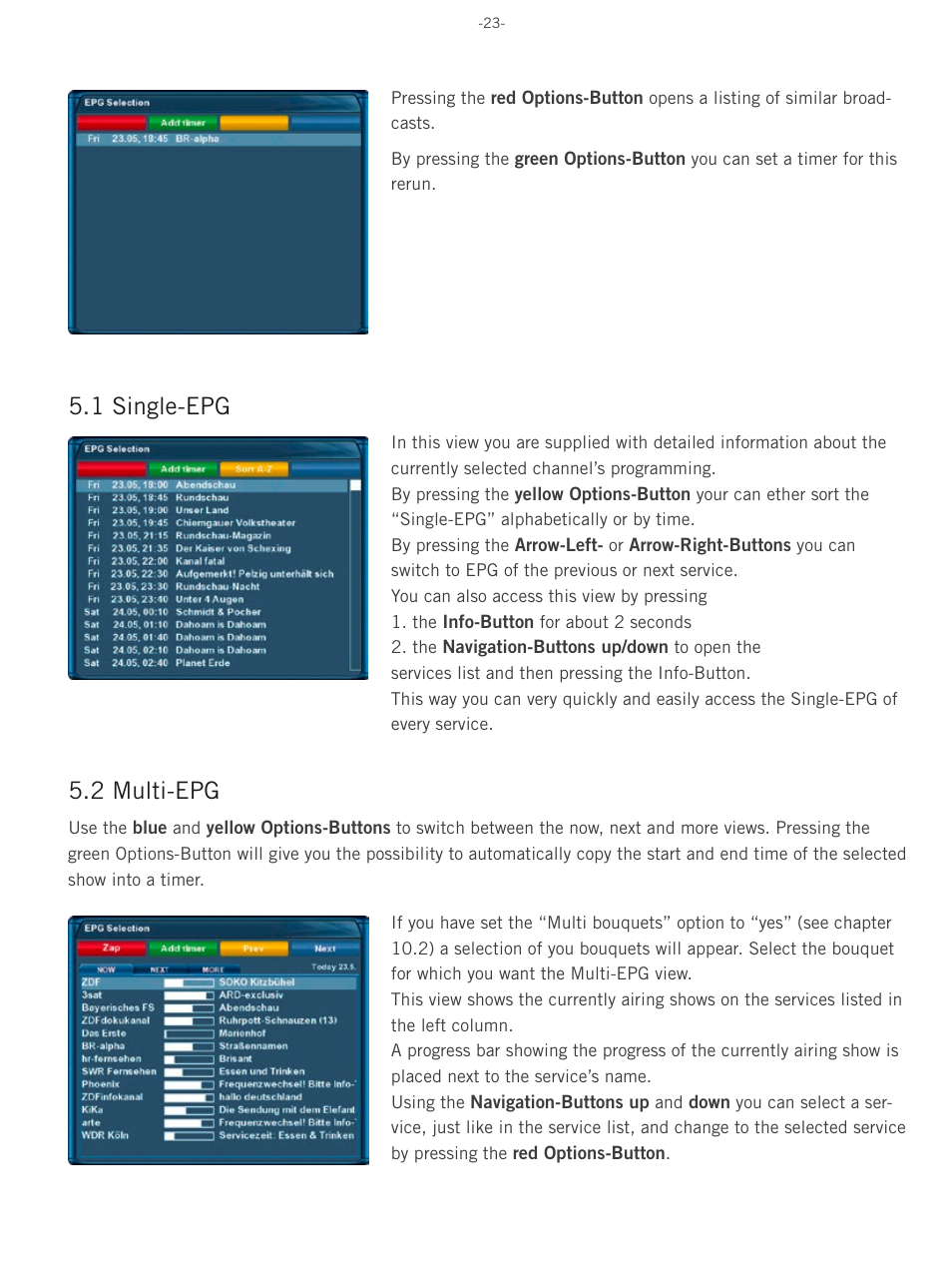 1 single-epg, 2 multi-epg | Dream Property DM500 HD User Manual | Page 23 / 71