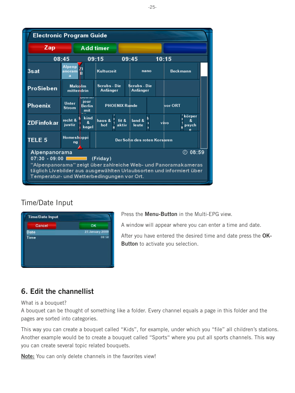 Time/date input, Edit the channellist | Dream Property DM500 HD User Manual | Page 25 / 71