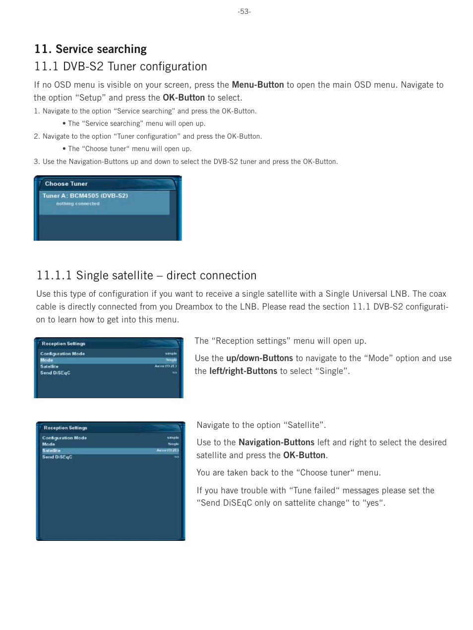 Service searching 11.1 dvb-s2 tuner configuration, 1 single satellite – direct connection | Dream Property DM500 HD User Manual | Page 53 / 71