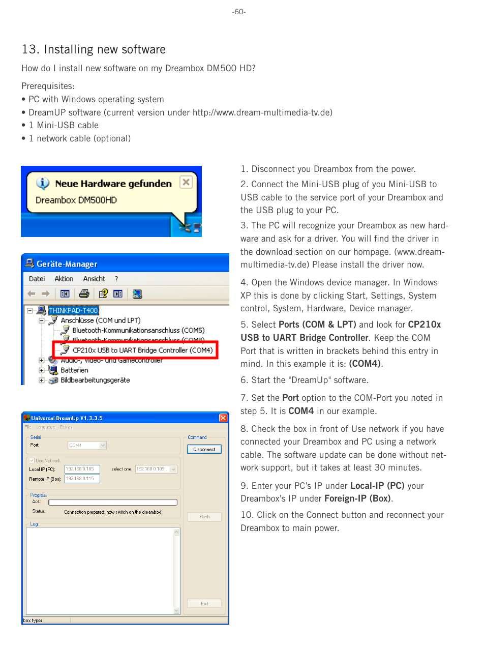 Installing new software | Dream Property DM500 HD User Manual | Page 60 / 71