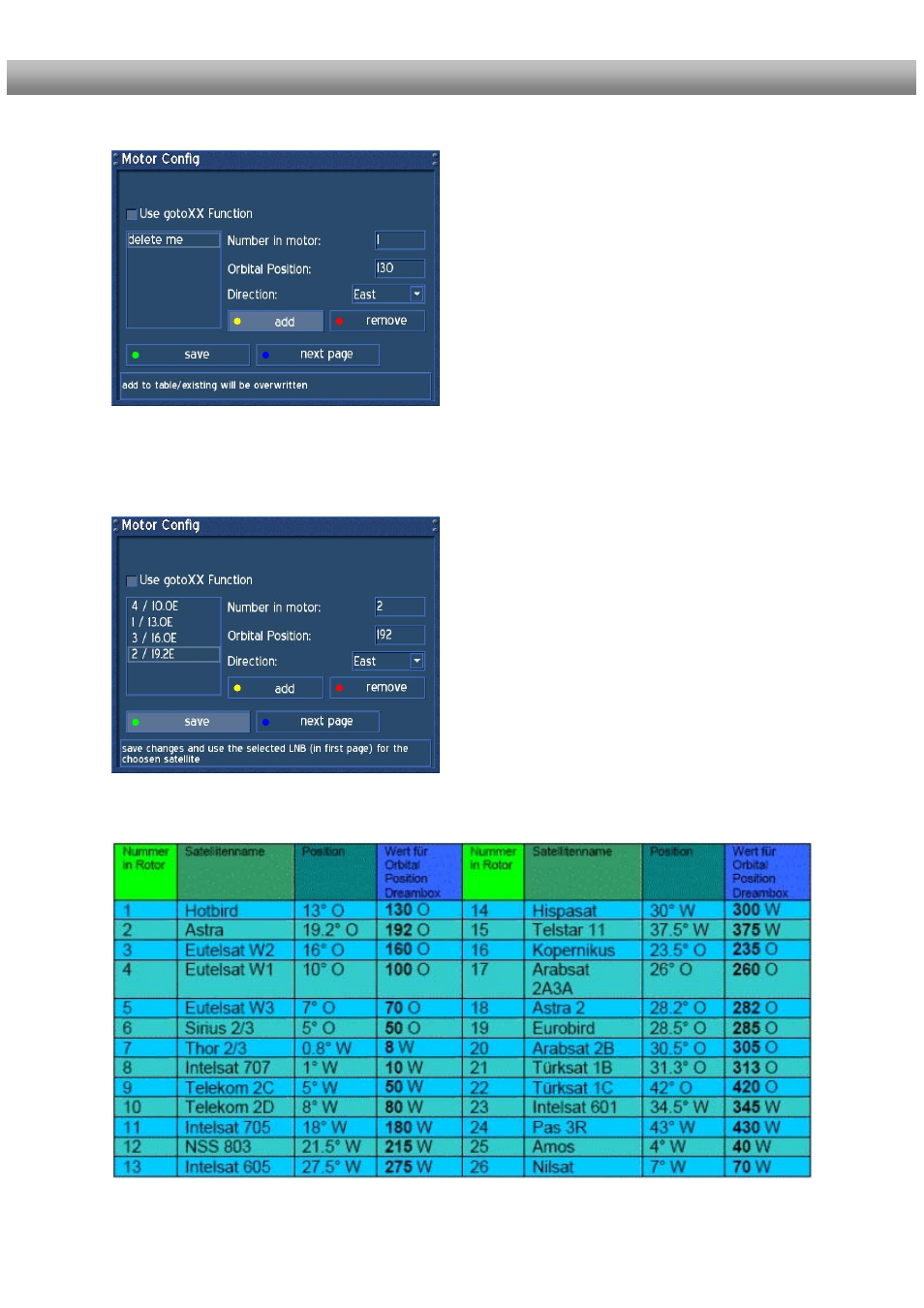 Example table for the diseqc 1.2 rotor (sg2100) | Dream Property DM500 + User Manual | Page 46 / 103