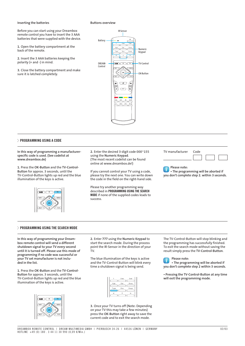 Programming using a code, Programming using the search mode, Buttons overview | Dream Property Omikron Plus control DM8000 User Manual | Page 2 / 3