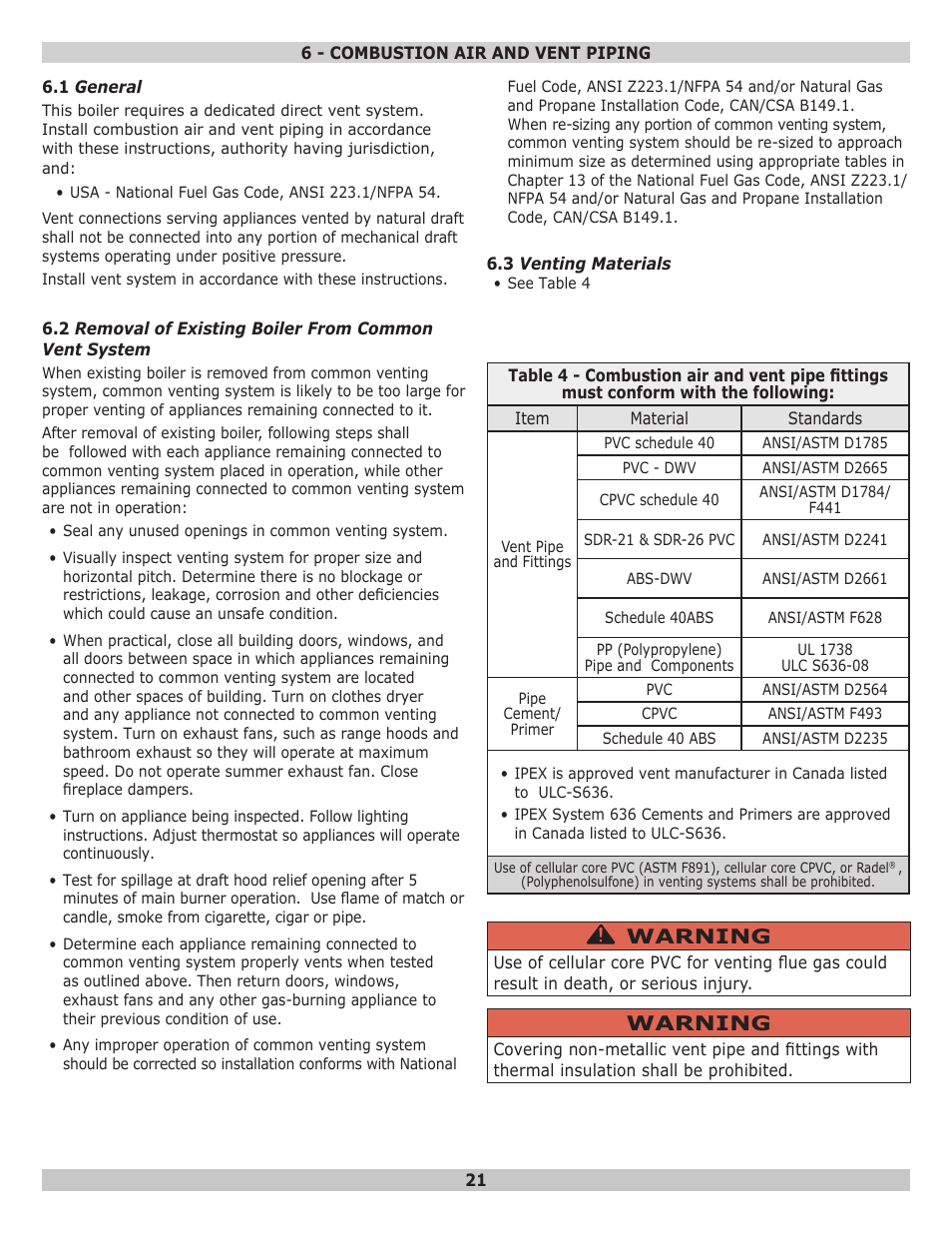 Warning | Dunkirk Helix VLT Vertical Laser Tube, Wall Hung Modulating Condensing Boiler User Manual | Page 21 / 84
