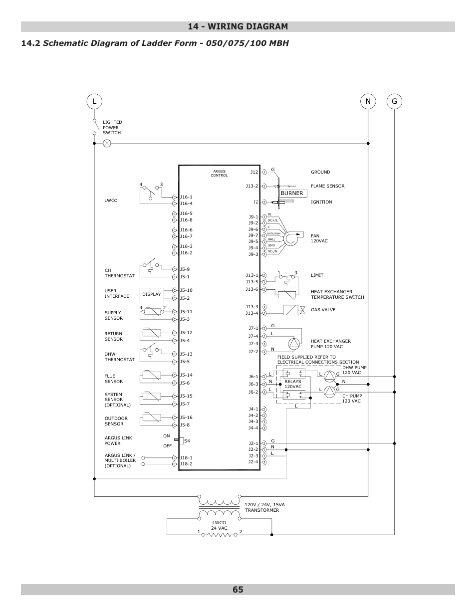 14 - wiring diagram, Ladder diagram | Dunkirk Helix VLT Vertical Laser Tube, Wall Hung Modulating Condensing Boiler User Manual | Page 65 / 84