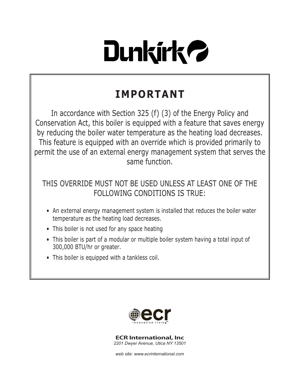 Important | Dunkirk Helix VLT Vertical Laser Tube, Wall Hung Modulating Condensing Boiler User Manual | Page 84 / 84
