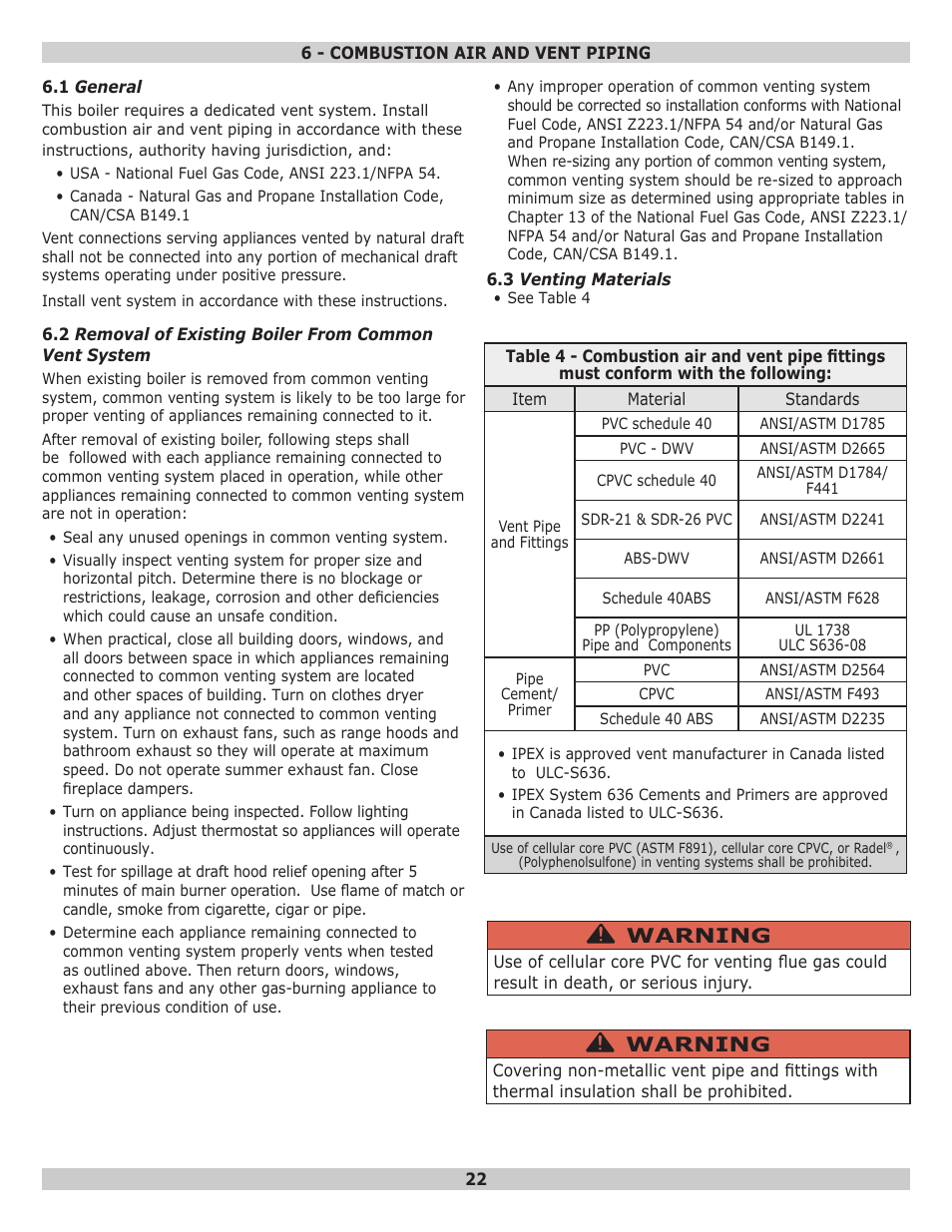 Warning | Dunkirk Helix VX Vertical Laser Tube Wall Hung Stainless Steel Modulating Condensing Boiler User Manual | Page 22 / 88