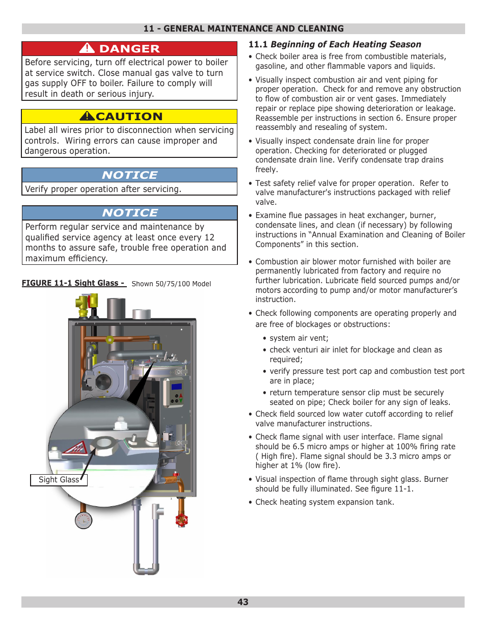 Caution, Notice, Danger | Dunkirk Helix VX Vertical Laser Tube Wall Hung Stainless Steel Modulating Condensing Boiler User Manual | Page 43 / 88