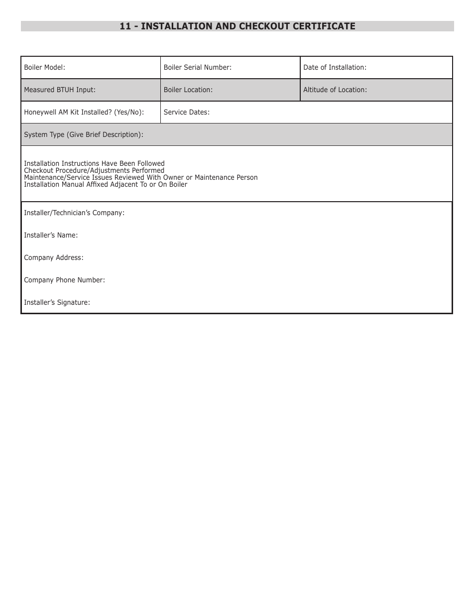 11 - installation and checkout certificate | Dunkirk Q95M-200 Modulating Condensing Boiler User Manual | Page 28 / 28