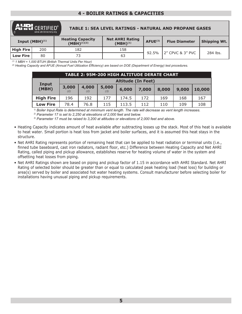 4 - boiler ratings & capacities 5 | Dunkirk Q95M-200 Modulating Condensing Boiler User Manual | Page 5 / 52