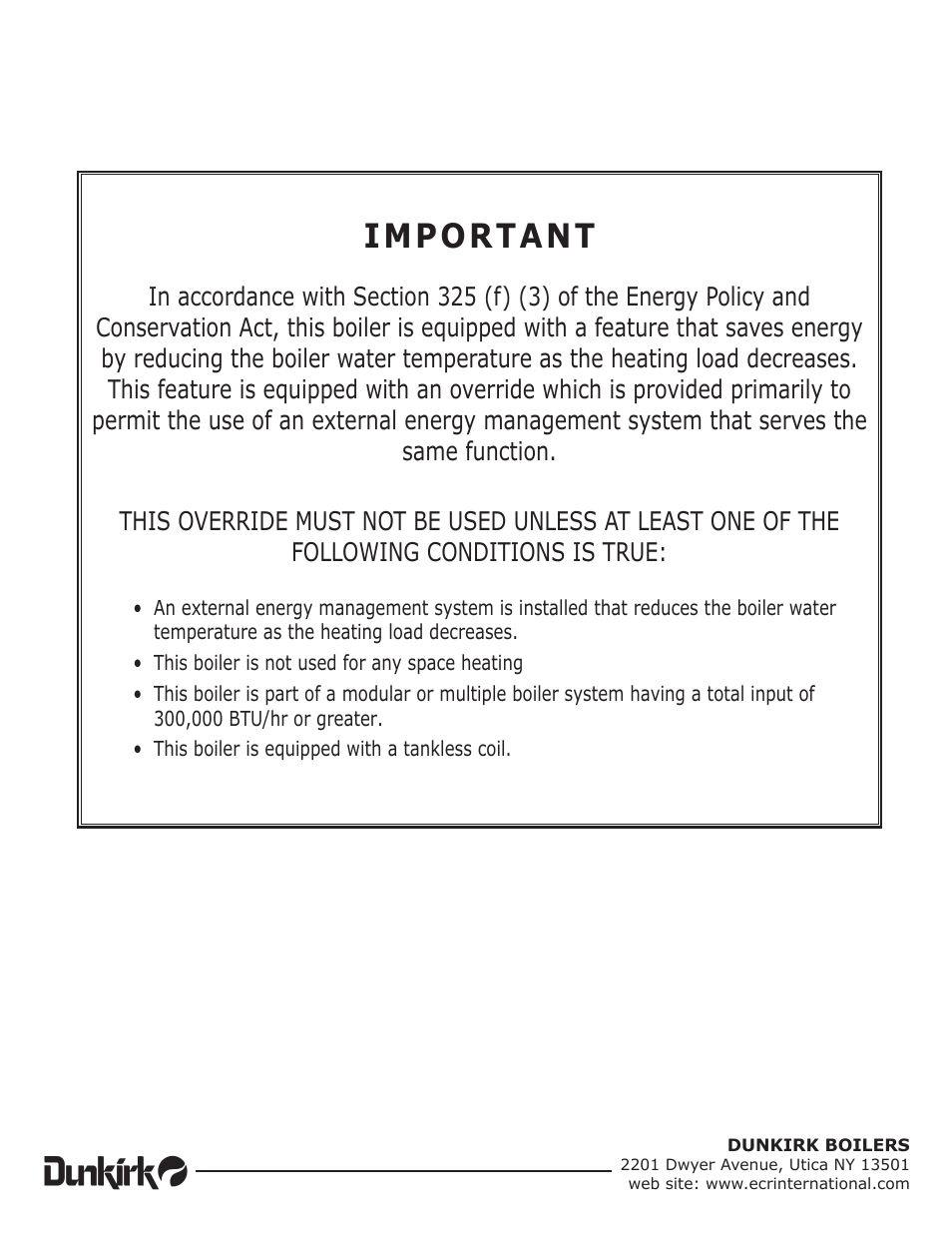 Important | Dunkirk Q95M-200 Modulating Condensing Boiler User Manual | Page 52 / 52