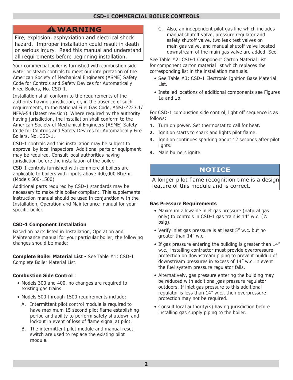 Warning | Dunkirk D249 Series Commercial Boiler User Manual | Page 2 / 16