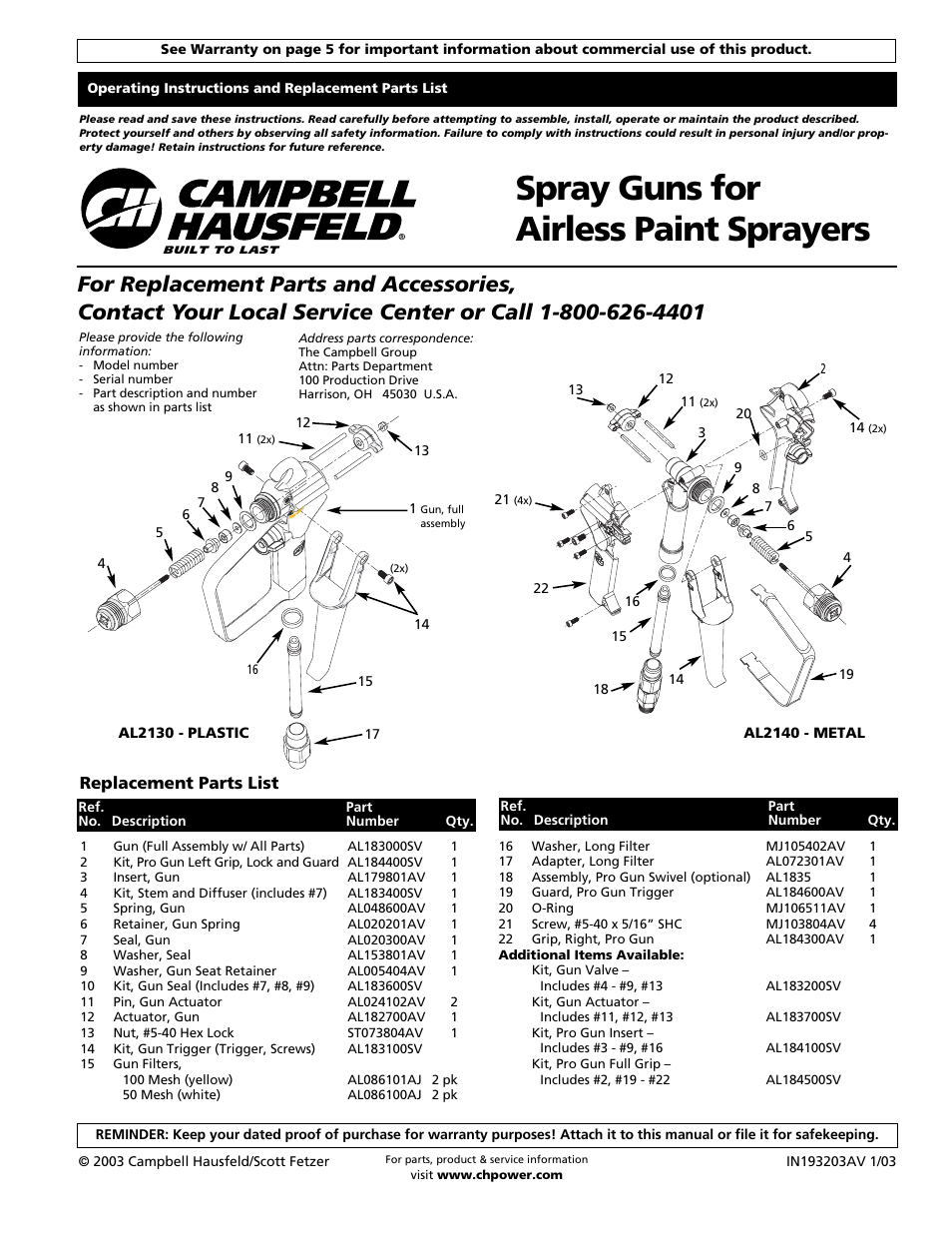 Campbell Hausfeld AL2140 User Manual | 16 pages