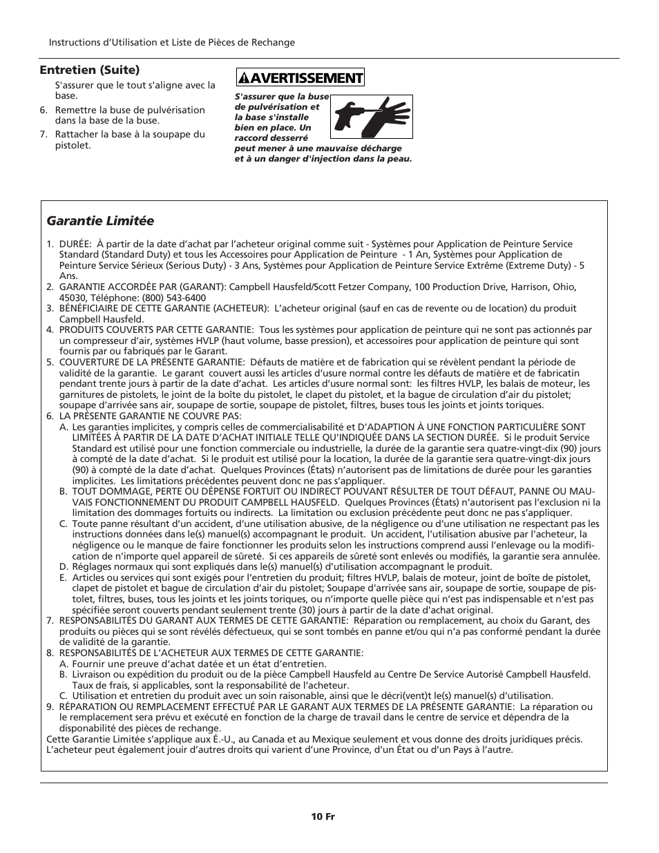 Avertissement, Garantie limitée | Campbell Hausfeld AL2140 User Manual | Page 10 / 16