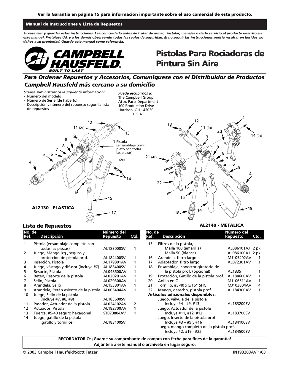 Pistolas para rociadoras de pintura sin aire, Lista de repuestos | Campbell Hausfeld AL2140 User Manual | Page 11 / 16