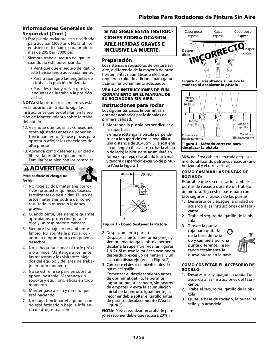 Incorrecto, Advertencia, Pistolas para rociadoras de pintura sin aire | Campbell Hausfeld AL2140 User Manual | Page 13 / 16