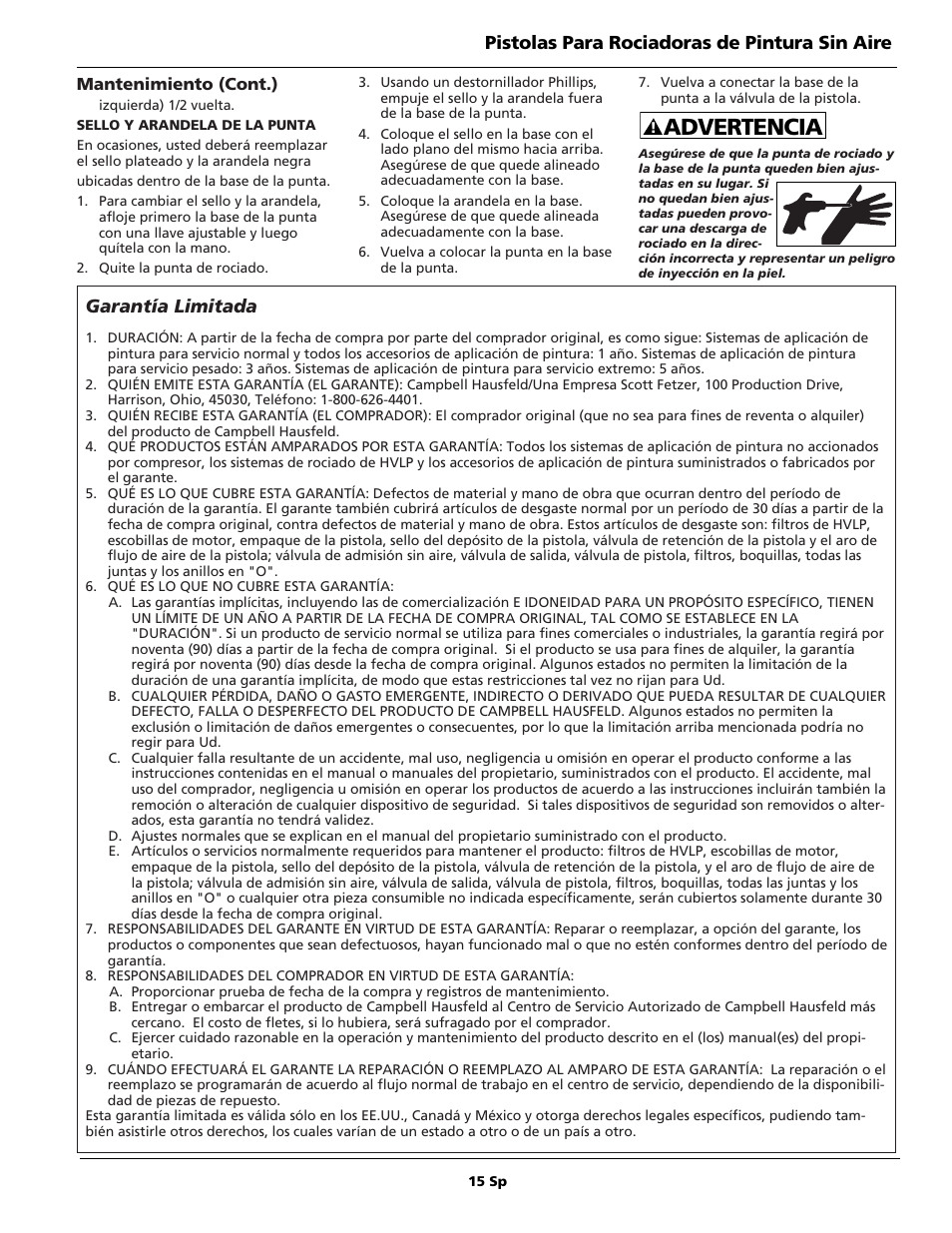 Advertencia, Garantía limitada, Pistolas para rociadoras de pintura sin aire | Campbell Hausfeld AL2140 User Manual | Page 15 / 16