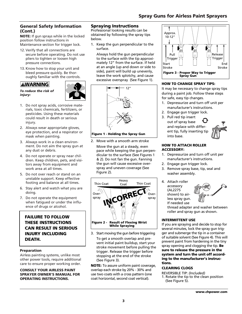 Incorrect, Warning, Spray guns for airless paint sprayers | Campbell Hausfeld AL2140 User Manual | Page 3 / 16