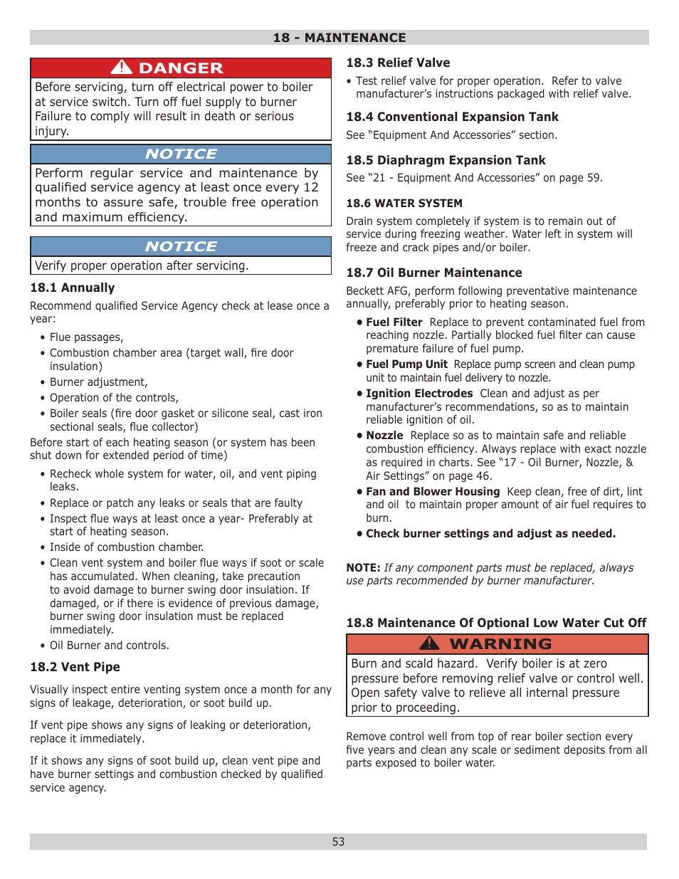 Warning, Danger | Dunkirk Excelsior EXB Series User Manual | Page 53 / 64