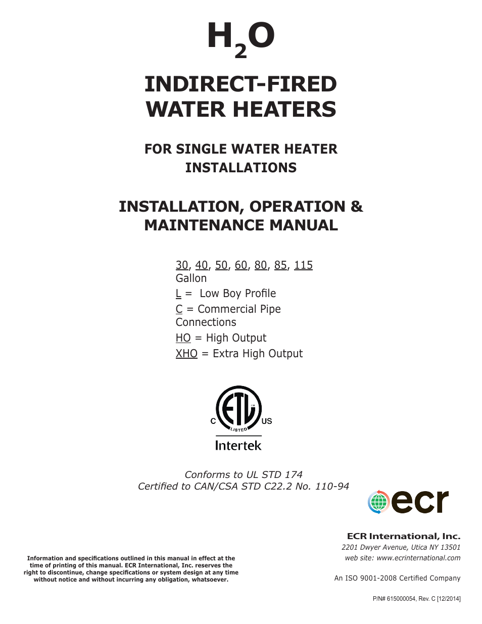 Dunkirk H2OI Single Coil Stainless Steel Indirect Water Heaters User Manual | 28 pages
