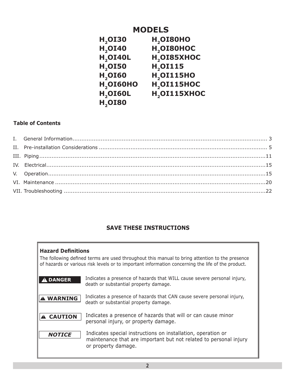 Models, Oi30 h, Oi80ho h | Oi40 h, Oi80hoc h, Oi40l h, Oi85xhoc h, Oi50 h, Oi115 h, Oi60 h | Dunkirk H2OI Single Coil Stainless Steel Indirect Water Heaters User Manual | Page 2 / 28