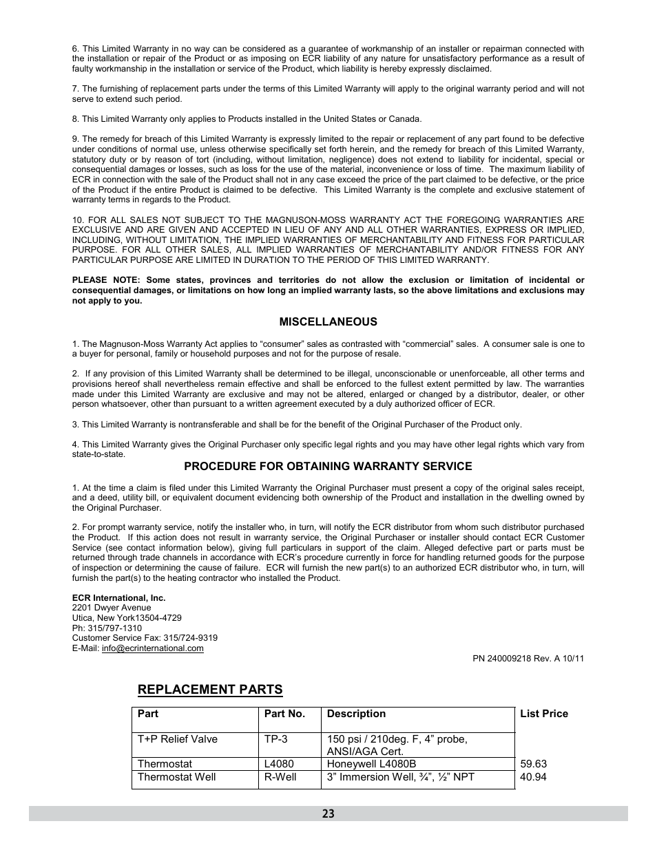 List prices 2011 fob uxbridge, ma | Dunkirk H2OI Stainless Steel Dual Coil Solar Water Heaters User Manual | Page 23 / 24