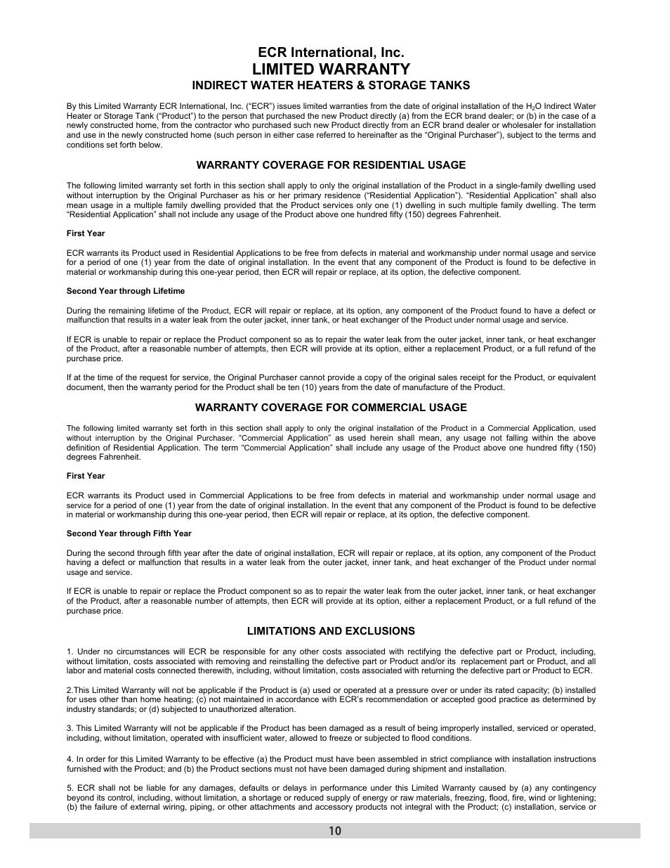 Limited warranty, Ecr international, inc, Indirect water heaters & storage tanks | Warranty coverage for residential usage, Warranty coverage for commercial usage, Limitations and exclusions, Miscellaneous, Procedure for obtaining warranty service | Dunkirk H2OST Stainless Steel Storage Tanks User Manual | Page 10 / 12