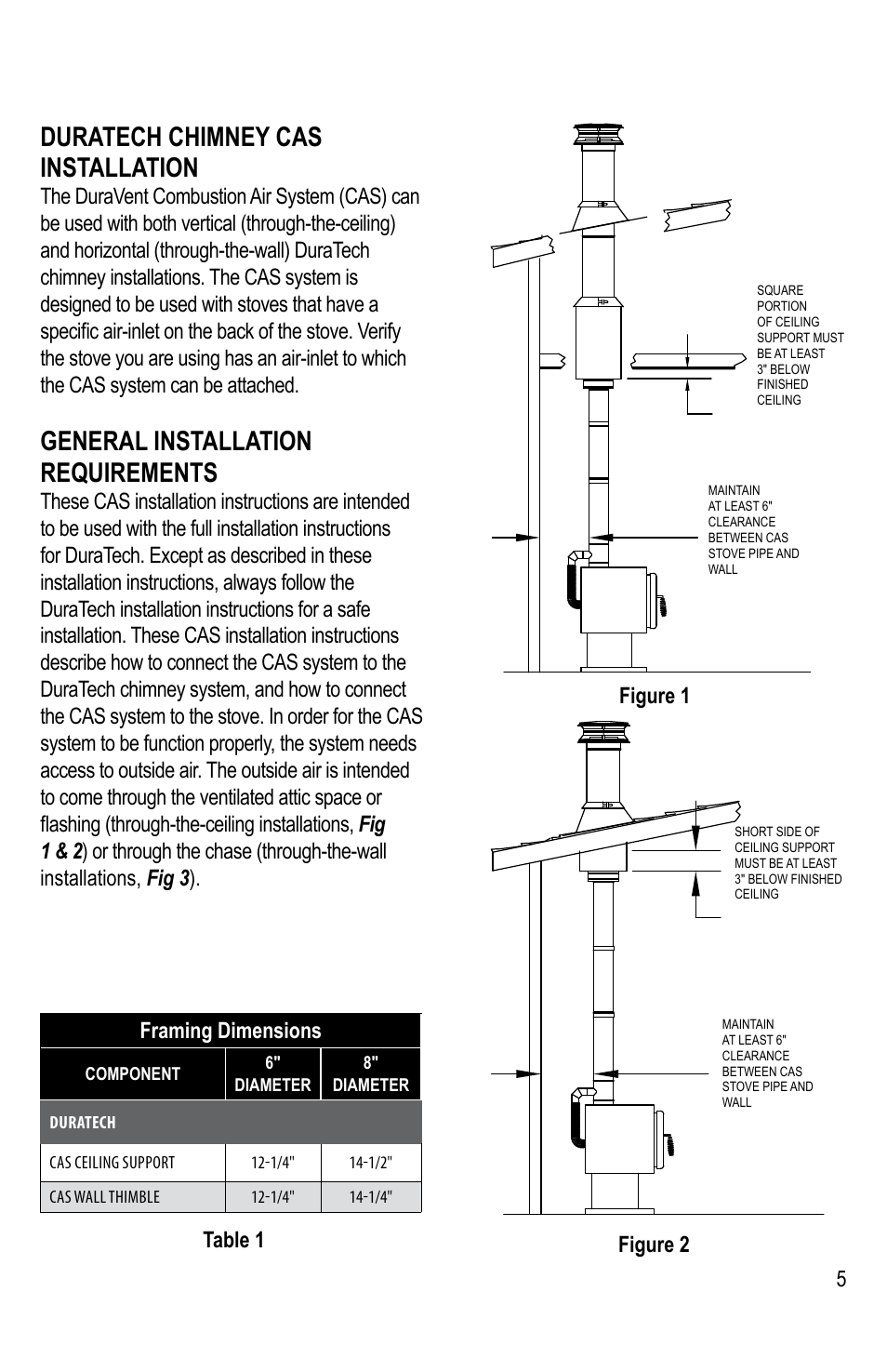 Duratech chimney cas installation, General installation requirements, 5framing dimensions | DuraVent Combustion Air Systems for DuraTech User Manual | Page 5 / 12