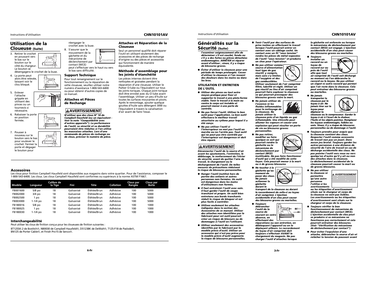Built to last, Généralités sur la sécurité, Utilisation de la cloueuse | Campbell Hausfeld CHN10101AV User Manual | Page 11 / 12