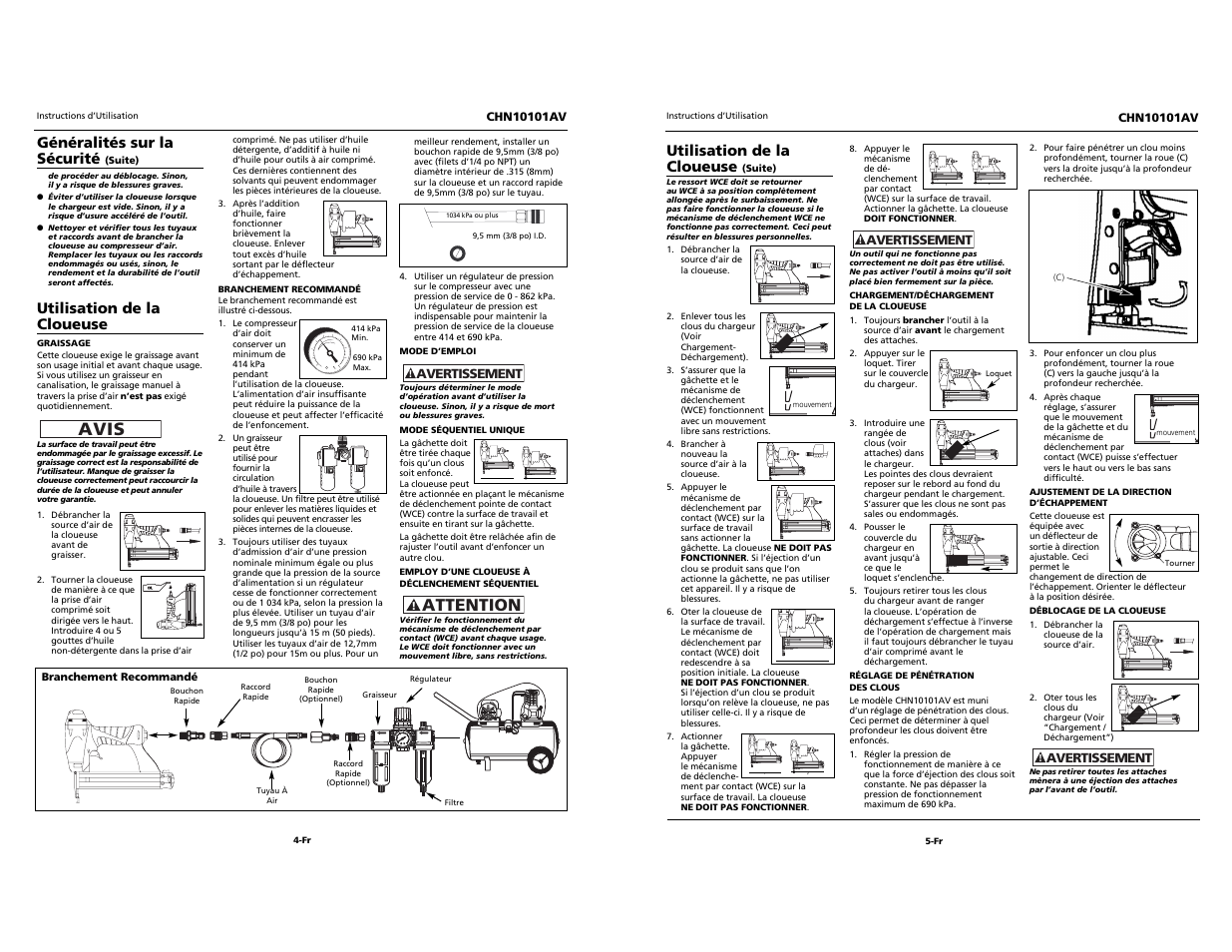 Avis, Attention, Généralités sur la sécurité | Utilisation de la cloueuse | Campbell Hausfeld CHN10101AV User Manual | Page 12 / 12