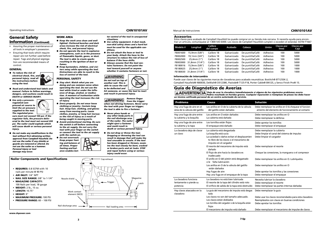 Guía de diagnóstico de averías, Advertencia, General safety information | Campbell Hausfeld CHN10101AV User Manual | Page 2 / 12