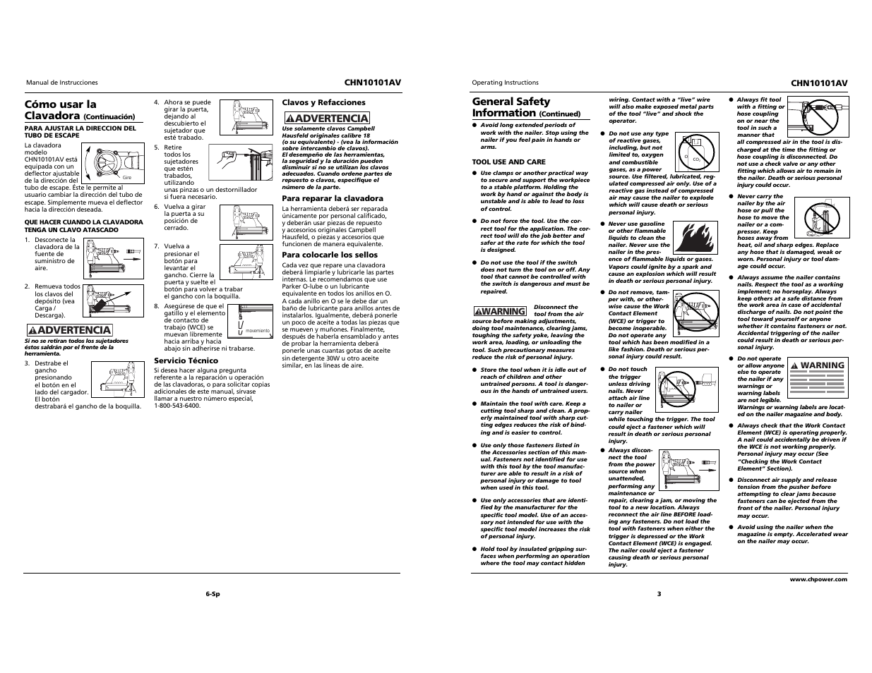 Built to last, Cómo usar la clavadora, Advertencia | General safety information | Campbell Hausfeld CHN10101AV User Manual | Page 3 / 12