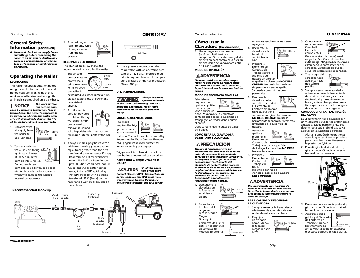 Precaucion, Cómo usar la clavadora, Advertencia | General safety information, Operating the nailer, Notice | Campbell Hausfeld CHN10101AV User Manual | Page 4 / 12