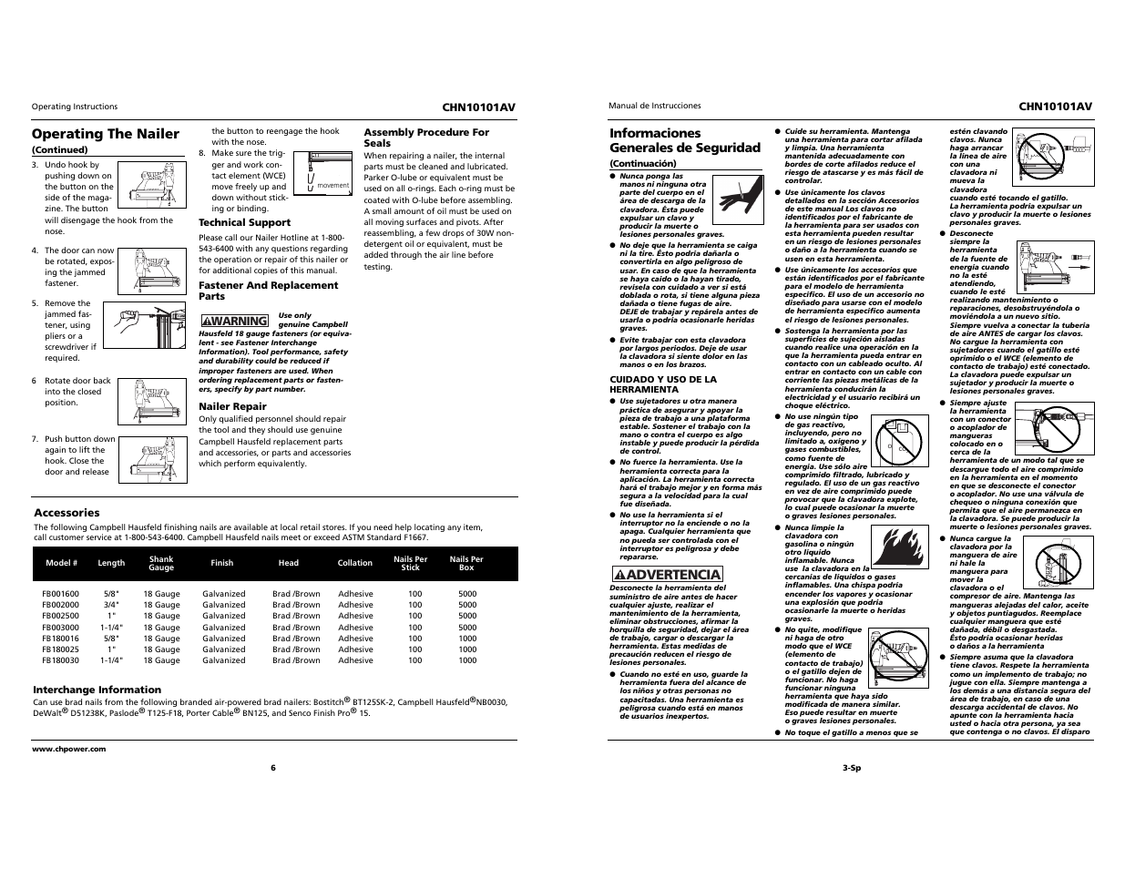 Built to last, Advertencia, Operating the nailer | Campbell Hausfeld CHN10101AV User Manual | Page 6 / 12