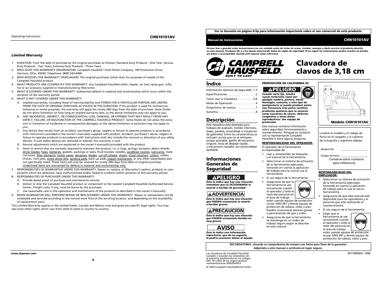 Clavadora de clavos de 3,18 cm, Aviso, Peligro | Precaucion, Índice, Descripción, Informaciones generales de seguridad, Advertencia | Campbell Hausfeld CHN10101AV User Manual | Page 8 / 12