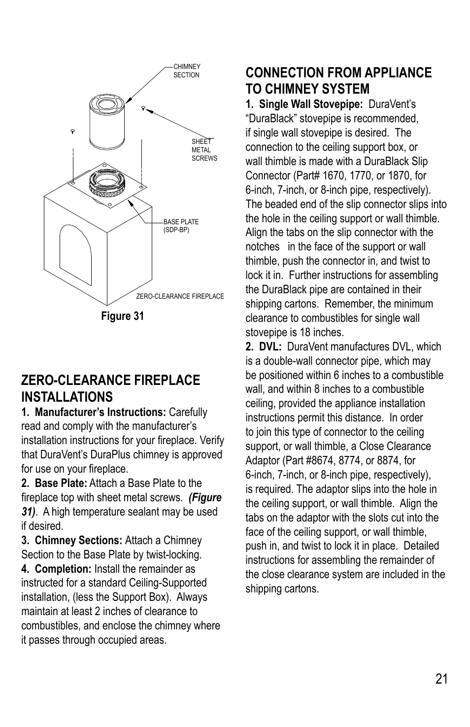 21 zero-clearance fireplace installations, Connection from appliance to chimney system | DuraVent DuraPlus Installation User Manual | Page 21 / 24
