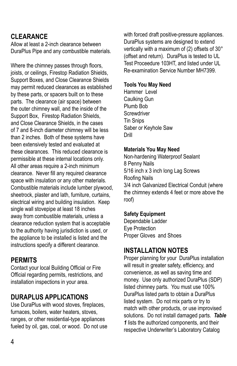 4clearance, Permits, Duraplus applications | DuraVent DuraPlus Installation User Manual | Page 4 / 24