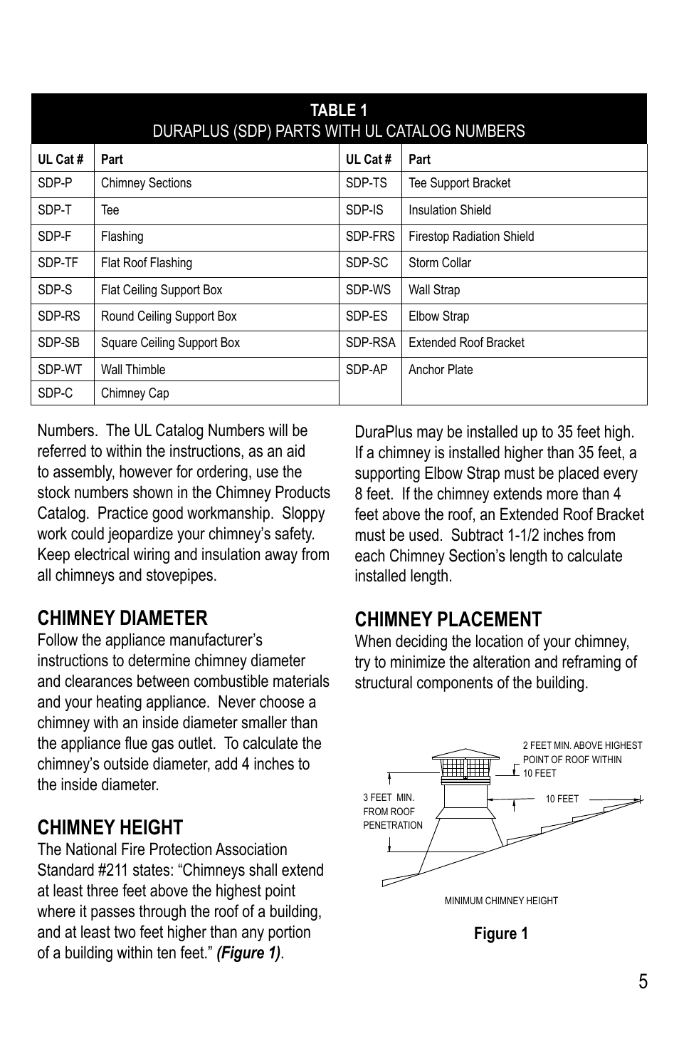 Chimney diameter, Chimney height, Chimney placement | DuraVent DuraPlus Installation User Manual | Page 5 / 24