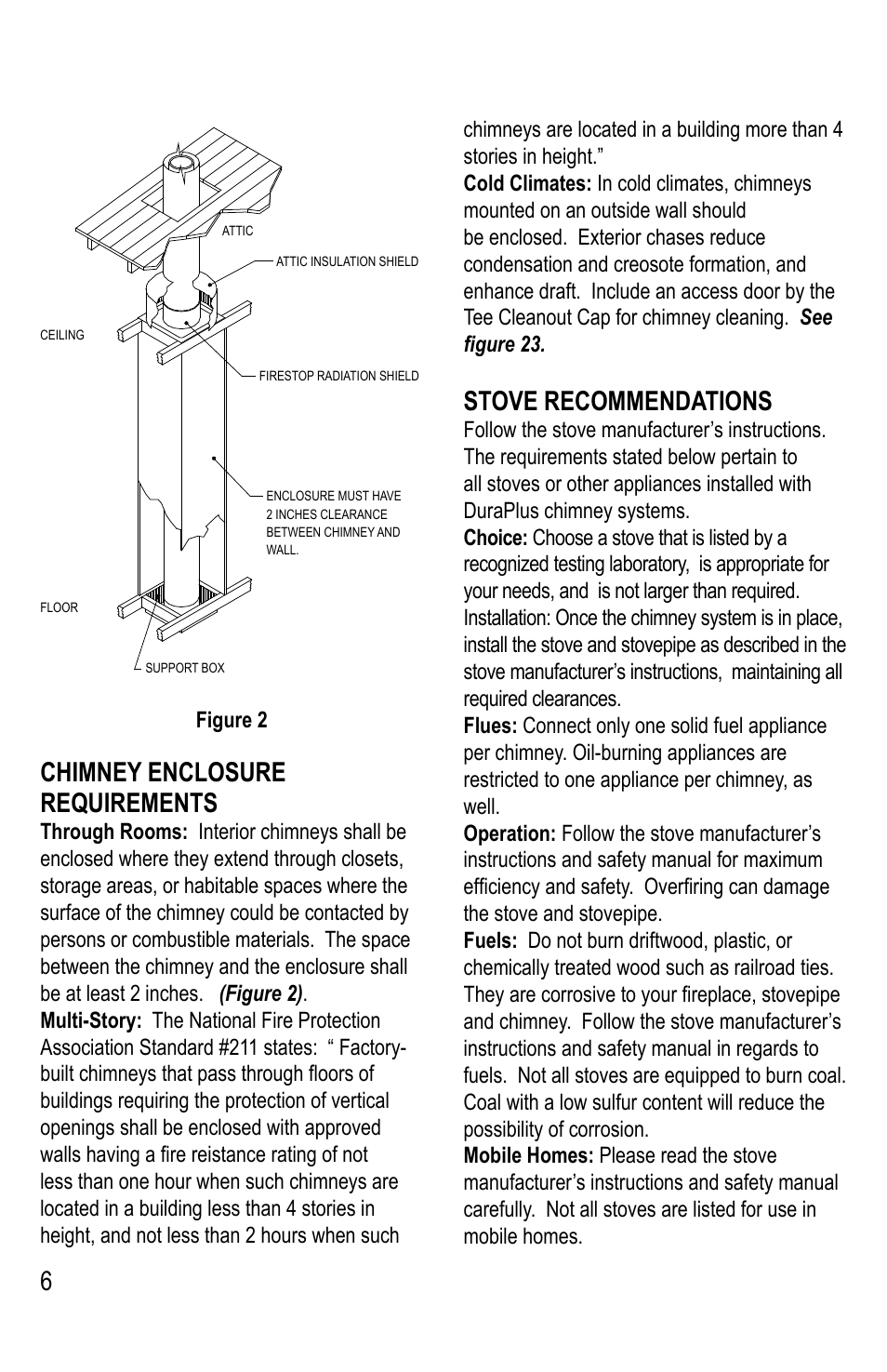 6chimney enclosure requirements, Stove recommendations | DuraVent DuraPlus Installation User Manual | Page 6 / 24