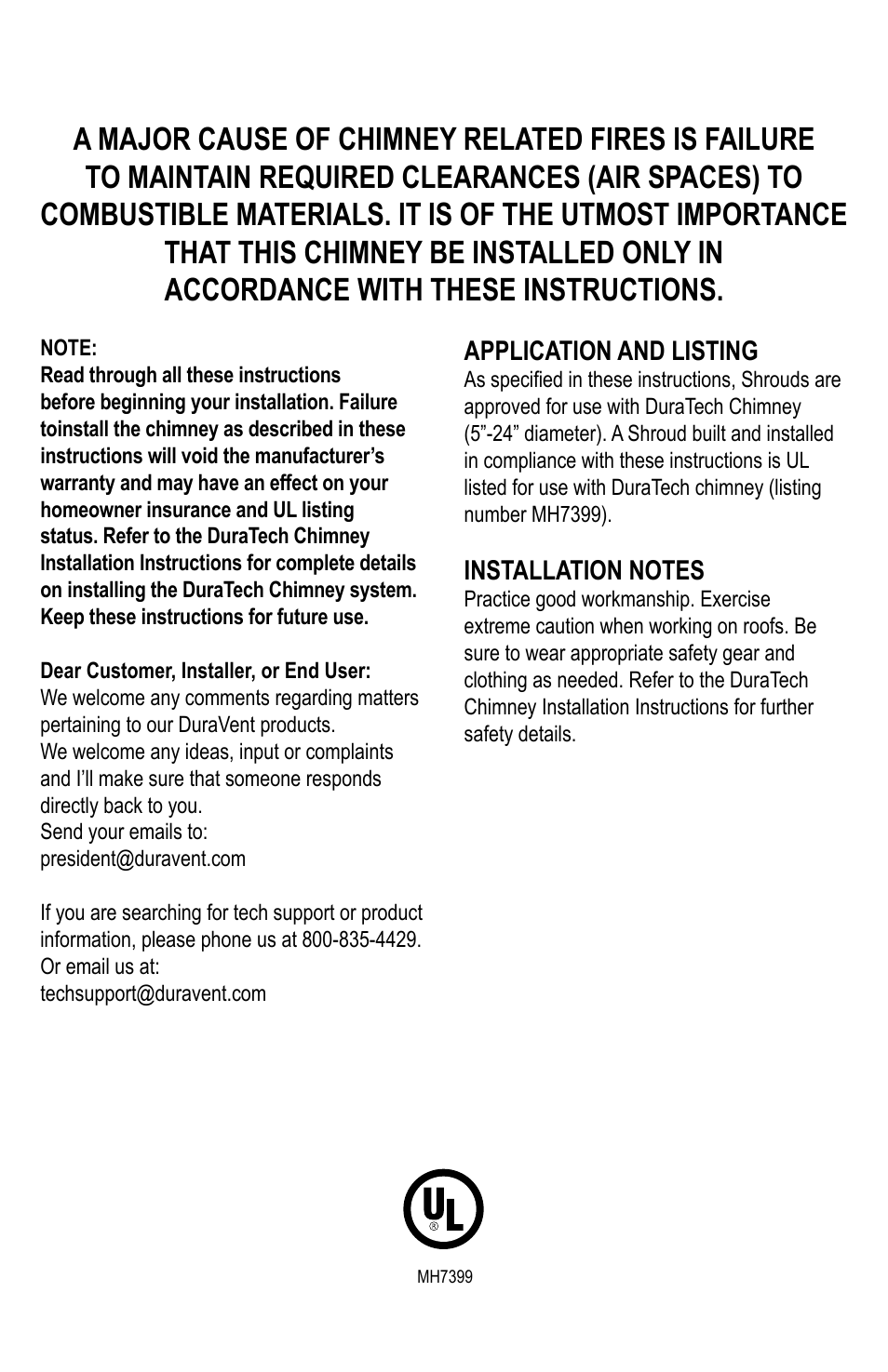Application and listing | DuraVent DuraTech Shroud User Manual | Page 2 / 8