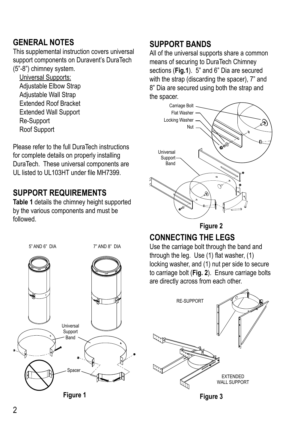 Support requirements, Support bands, Connecting the legs | DuraVent DuraTech Universal Support Installation User Manual | Page 2 / 4