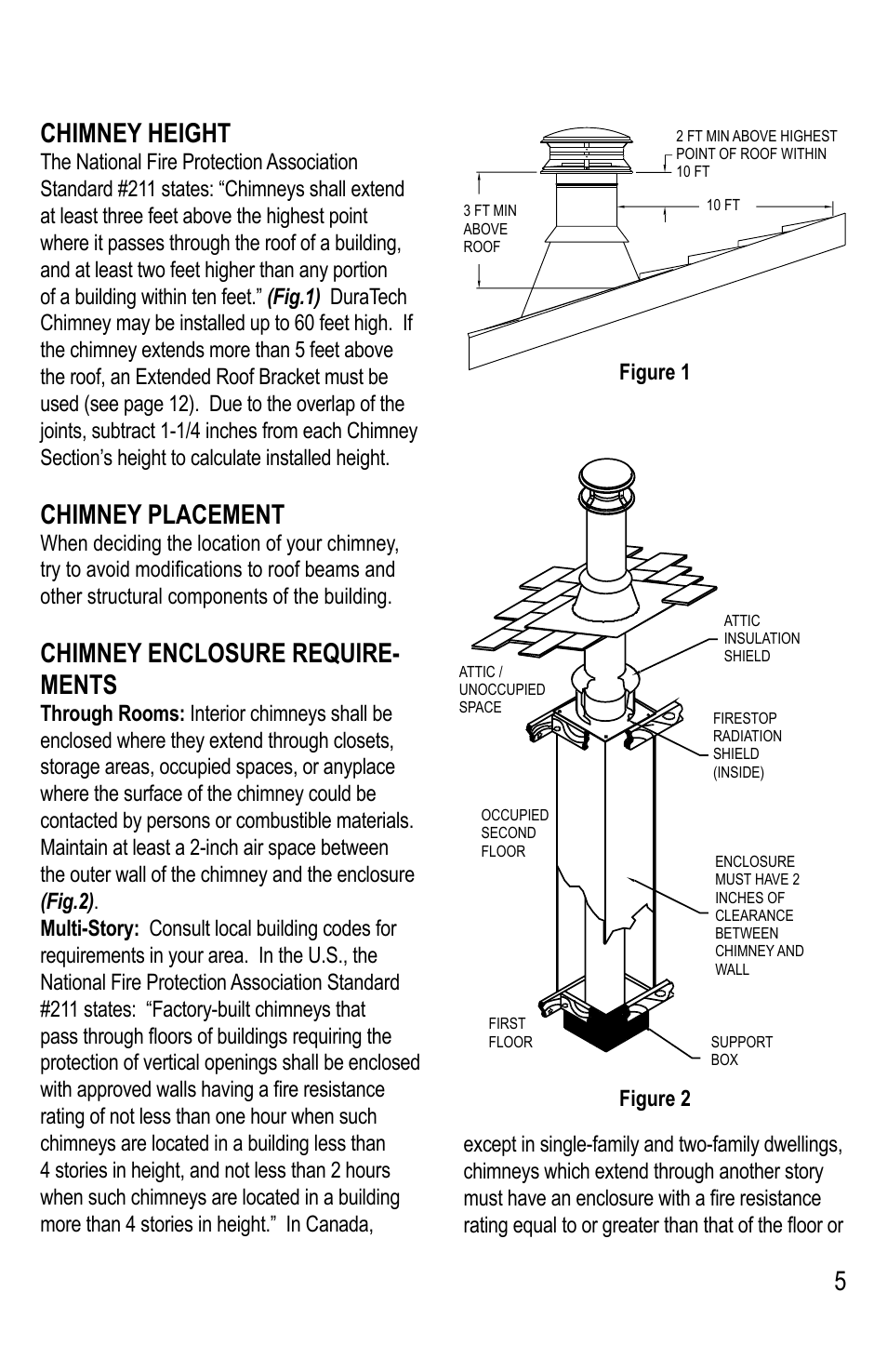 5chimney height, Chimney placement, Chimney enclosure require- ments | DuraVent DuraTech 5-8 User Manual | Page 5 / 24