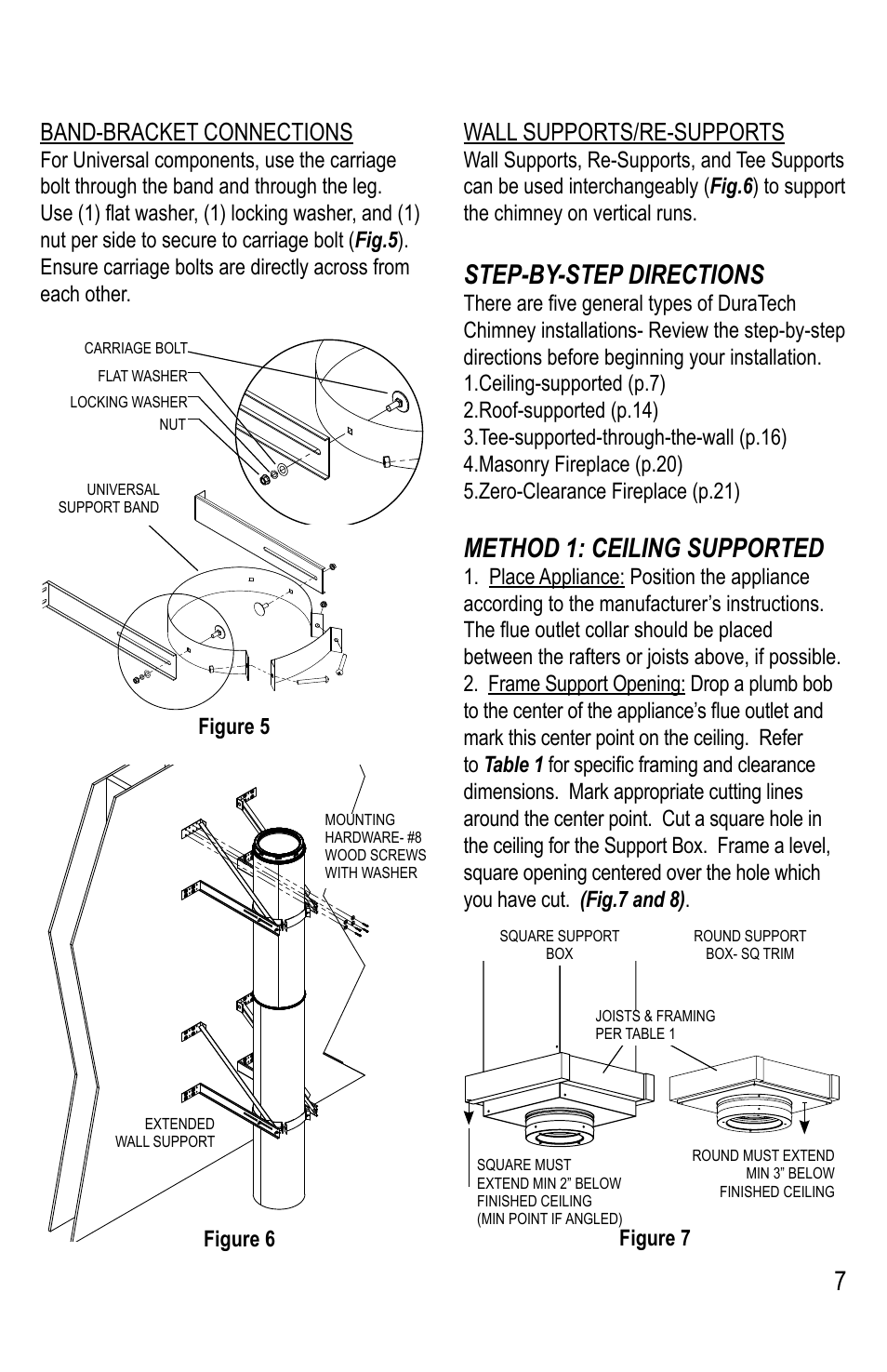 Step-by-step directions, Method 1: ceiling supported, Band-bracket connections | Wall supports/re-supports | DuraVent DuraTech 5-8 User Manual | Page 7 / 24