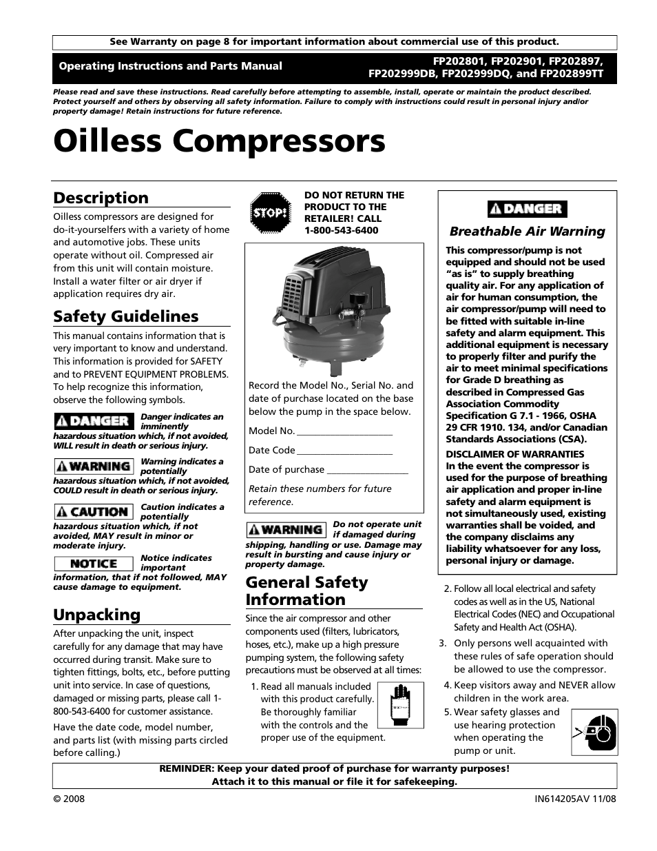 Campbell Hausfeld FP202899TT User Manual | 24 pages